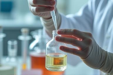Perfumist in a lab carefully blending fragrance components with precision tools