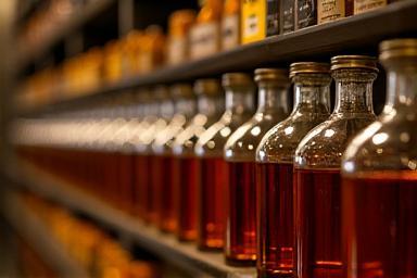 Rows of glass bottles containing fragrance mixtures aging in a controlled environment