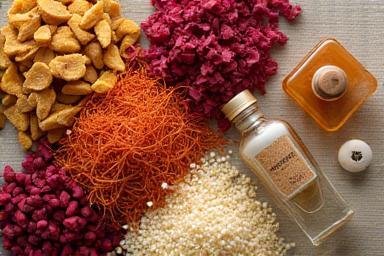 Close-up of various natural perfume ingredients like flowers, spices, and wood